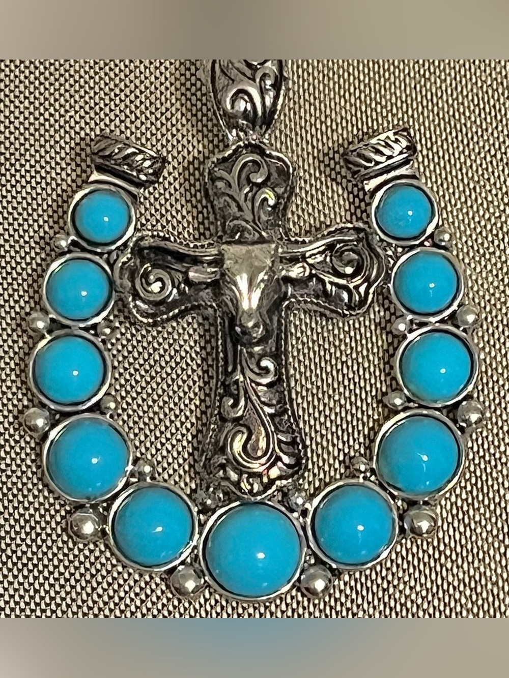 Turquoise Stones With Bull On Cross, Pendant Necklace